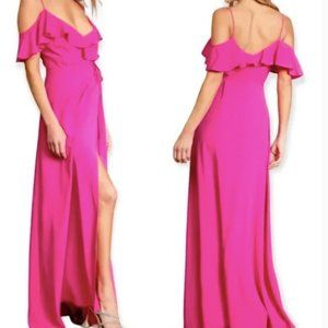 Lulus Sunny Perfection Ruffled Off-the-Shoulder Wrap Maxi Dress, Magenta Fuchsia